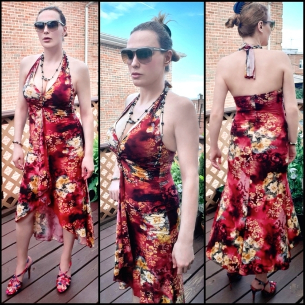 Kitty High Low Red Floral Midaxi Dress, neck tie, Size S/M